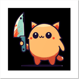 Kawaii cat with a knife Posters and Art